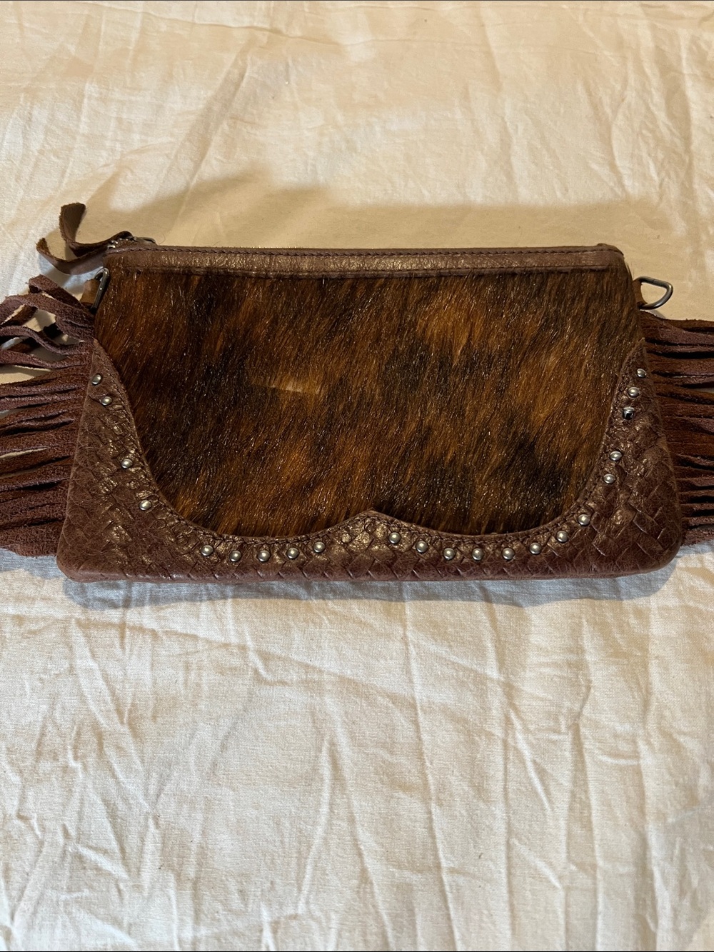 Unbranded All Leather Brown Haircalf Fringe Crossbody Bag Need Strap..